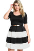 Sexy White Stripes Detail Belted Plus Size Skater Dress